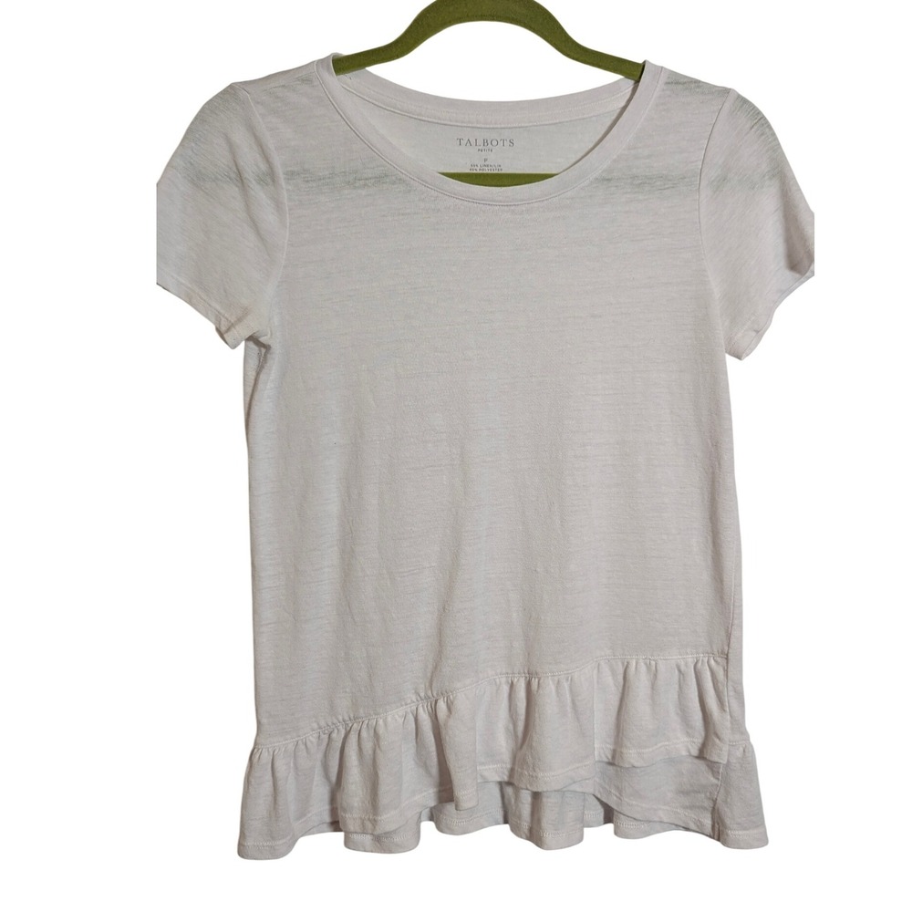 Talbots Peplum Top Petite P White‎ Linen Blend Short Sleeve Crew Neck Summer Tee